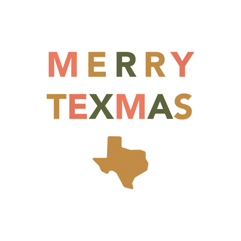 Text gif. Gold, green, and pink text on a white background reads, "Merry Texmas," above a gold silhouette of the state of Texas.