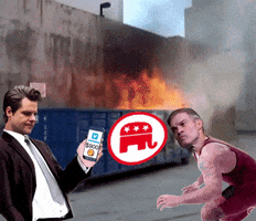 Political gif. Congressman Matt Gaetz holds a phone revealing a $900 Venmo payment as Congressman Jim Jordan creeps toward him wearing a wrestling unitard. In the background, a dumpster fire stamped with a red and white elephant rages as Senator Josh Hawley runs past.