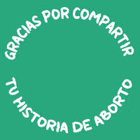 Digital art gif. Speech bubbles in a rainbow of colors pop up, creating the shape of a heart against a green background. Text, “Gracias por compartir, tu historia de aborto.”
