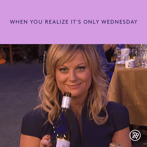 Celebrity gif. Amy Poehler sits at a table and stares at us with a smirk on her face. She doesn’t break eye contact when she tips a bottle of champagne into her mouth. Text, “When you realize it’s only Wednesday.”