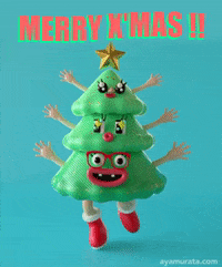 Digital art gif. A 3D rendering of a Christmas tree, dancing around on two legs with red boots. Each section of the tree is a different character with its own arms and face: the top two have sparkly eyes, while the third has wide eyes, red glasses, and two big front teeth spaced far apart. Wavy text, "Merry X Mas!"