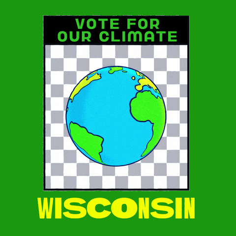 Digital art gif. Earth spins in front of a grey and white checkered background framed in a green box. Text, “Vote for the climate. Wisconsin.”
