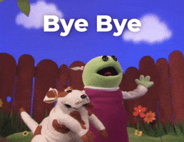 Cartoon gif. Mona and Russel from Nanalan are standing in a garden and they look at the sky as they wave goodbye. Text, "Bye bye."