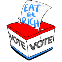 Digital art gif. Red, white and blue ballot box labeled “Vote” against a transparent background splits open and chews on a ballot that reads, “Eat the Rich.”