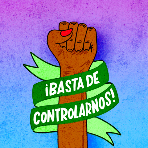 Digital art gif. A cartoon woman's fist pumps up and down, encircled by a green ribbon with text on it that reads, "Basta de Controlarnos," all against an ombre pink and blue background.