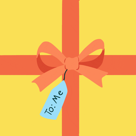 Digital art gif. Animation of a hand pulling and unraveling a red bow with a gift tag that says "to me," revealing blue text that says "My prevention is a gift to me," all against a bright yellow background.