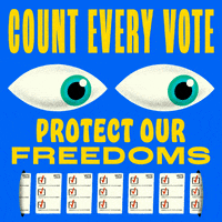 Illustrated gif. Big, blue-green eyes in a cobalt void, scanning back and forth, carefully, following a procession of ballots. Text, "Count every vote, protect our freedoms."