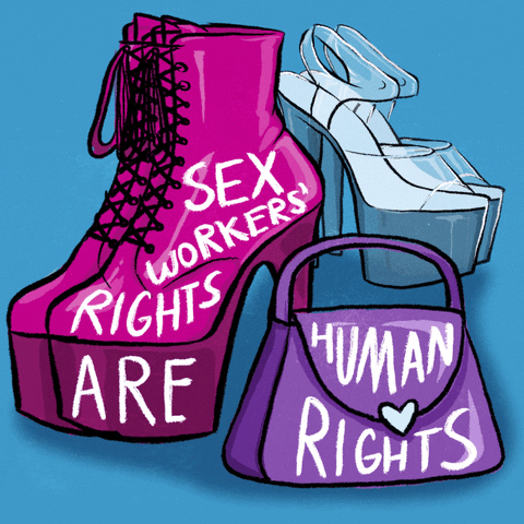 Illustrated gif. Transparent and magenta platform heels stand behind a purple handbag in front of a sky blue background. Text on items, "Sex workers rights are human rights."