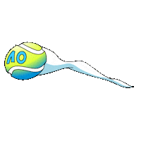 Sticker gif. Tennis ball in shades of lime green and blue has a white trail extending from it. Text on the ball reads, 'AO,' for Australian Open.