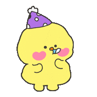 Sticker gif. Yellow chick in a purple polka dot birthday hat blowing a party horn, colorful confetti in all sizes and shapes falling all around.