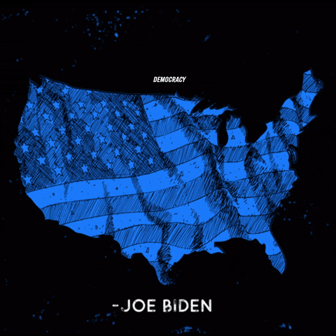 Political gif. The United States of America, in blue with an American flag, a quote zooms in that reads "Democracy must not be a partisan issue, it must be an American issue, Joe Biden."