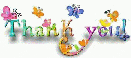 Text gif. Colorful flowers and butterflies hover around sparkling rainbow text that reads, "Thank you."
