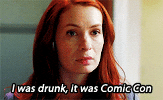 TV gif. Felicia Day as Charlie Bradbury on Supernatural looks at something, tilting her head and scrunching her nose as she says, “I was drunk, it was comic con.”