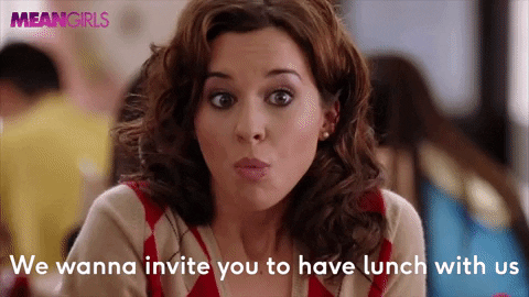Movie gif. Lacey Chabert as Gretchen in Mean Girls grins and says, "we wanna invite you to have lunch with us every day for the rest of this week."