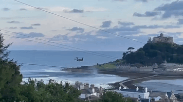 US Military Aircraft Practice Landing on Spectacular English Tidal Island Ahead of G7 Meeting