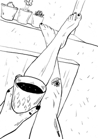 Illustrated gif. POV of a woman's legs reclined up, foot tapping, a cup of coffee in her hand, flowers around, tattoo art dancing in the wind. 