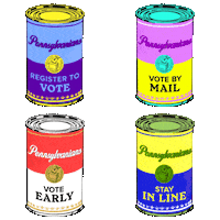 Digital art gif. Four cans of soup that resemble Andy Warhol’s famous Campbell’s soup cans playfully change colors against a transparent background. The top left can label reads, “Pennsylvanians register to vote.” The top right can label reads, “Pennsylvanians vote by mail.” The bottom left can label reads, “Pennsylvanians vote early.” The bottom right can label reads, “Pennsylvanians, stay in line.”