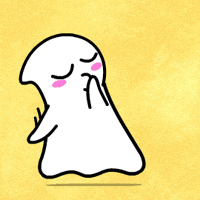 Cartoon gif. A floating ghost with pink cheeks blows a kiss and a red heart flies out from their mouth and shoots over to a skeleton. The heart has grown and completely knocks down the skeleton. 