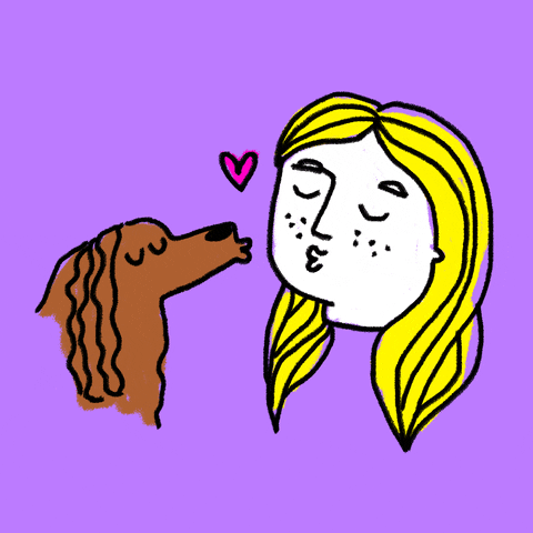 Illustrated gif. Long-eared brown dog makes kissy faces with blonde freckled girl as a pink heart appears between the two of them.