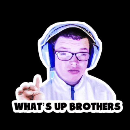Video gif. A man wearing headphones and square rimmed glasses looks at us and points up. Text, "What's up brothers."