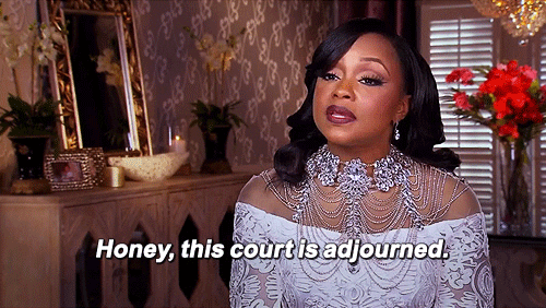 Reality TV gif. Phaedra Parks from Real Housewives of Atlanta looks unbothered and confident as she says, "Honey, this court is adjourned," which appears as text.