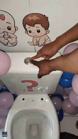 Expecting Couple Flush Toilet in Creative Gender Reveal