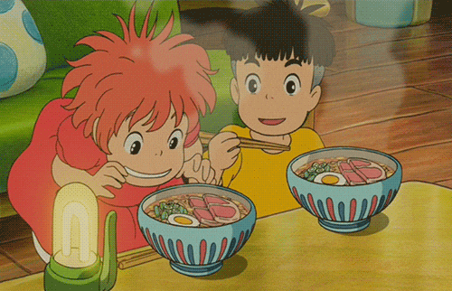 Ponyo eating ramen to celebrate Ramen Season in NYC