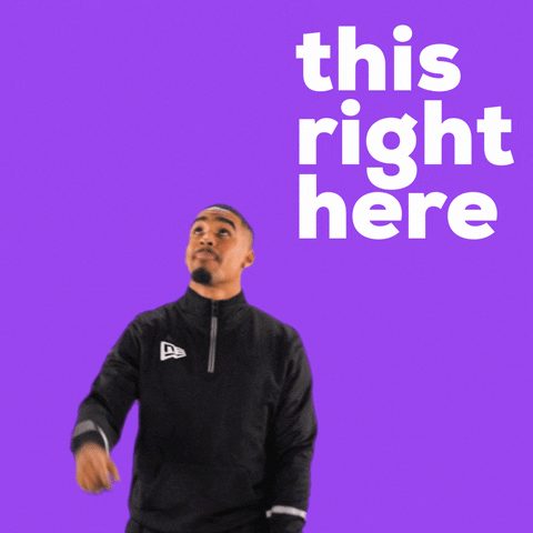NFL gif. Philadelphia Eagles quarterback Jalen Hurts, set against a purple background, points and looks to the sky. Text, "This right here."