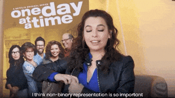 Celebrity gif. Isabella Gomez sits for an interview for One Day at A Time. Text, "I think non-binary representation is so important."