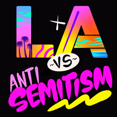 Text gif. Stylized lettering in bright, bold 90s-inspired palette, big block letters reading "LA" filled with a neon sunset scene and palm trees, stars sparkling all around, "antisemitism" scrawled in dynamic marker font, rotating pink and yellow, blue and cyan, purple and green. Text, "LA vs antisemitism."