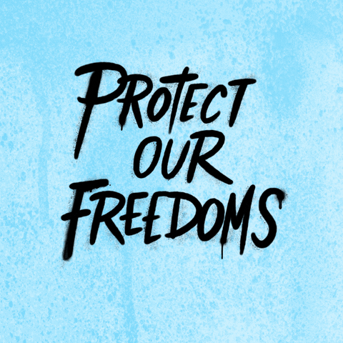 Illustrated gif. Hand putting the final touch on a graffiti piece by underlining a phrase with spray paint on a speckled light blue background. Text, "Protect our freedoms."