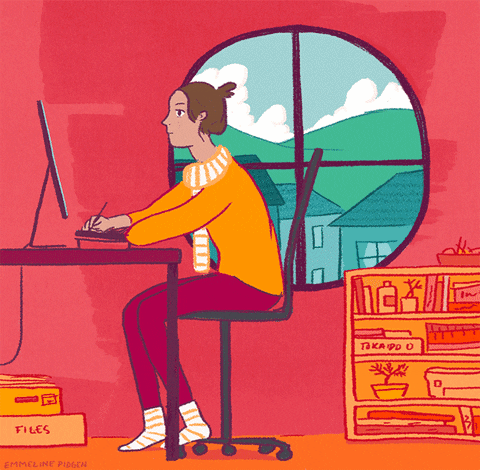 a girl sitting at her desk in her socks working on her computer and outside her window it turns from day to night