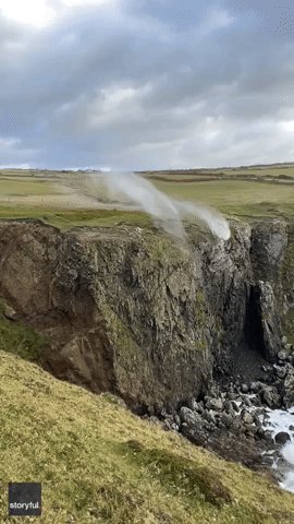 Strong Storm Debi Wind Creates Reverse Waterfall in Wales