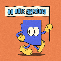 Digital art gif. Blue shape of Arizona smiles and marches forward with one hand on its hip and the other holding a flag against an orange background. The flag reads, “Go vote Arizona!”