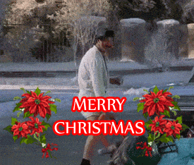 Movie gif. Randy Quaid playing Cousin Eddie in National Lampoon’s Christmas Vacation stands in the street in his robe, casually emptying his RV’s septic tank into the gutter. He raises his beer in a “cheers!” Text, “Merry Christmas.”