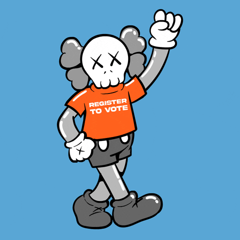 Digital art gif. Person with a skull and crossbones for a head against a light blue background pumps a fist into the air. Their orange shirt reads, “Register to vote.”