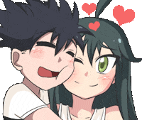 Anime gif. Smiling boys closes his eyes as he side hugs a girl who peeks with one eye open as hearts flutter above them.