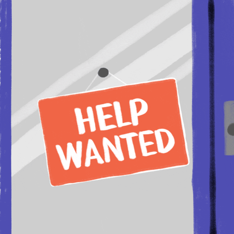 Digital art gif. Orange sign swings on a hook over a glass window background. One side says, “Help wanted.” The sign flips and reads, “Election workers needed in Arizona.”