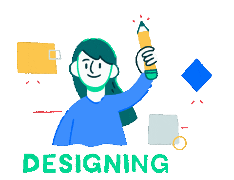 a woman wearing a blue shirt holding up a pencil with arrows pointing to a square and diamond shape with the word "Designing" in green