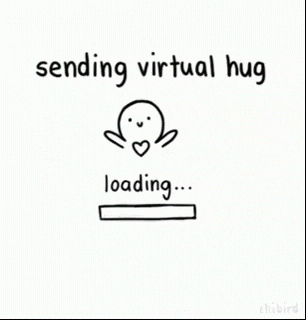Illustrated gif. A black sketched figure with a round head, outstretched arms, and a heart on its chest. Above the figure, black text reads, "sending virtual hug." A rectangular progress bar slowly fills with text, "hug sent."