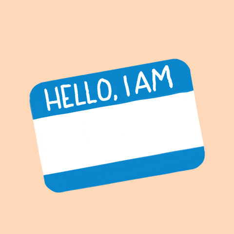 Digital art gif. Blue and white name tag sticker against a peach background. The name tag reads, “Hello, I am #MailReady.”