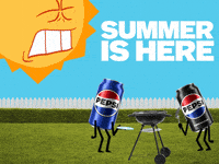 Sponsored gif. Smiling sun shoots fire from its eyes to light a grill. Two cans of Pepsi dance in celebration around the grill. Text reads, “Summer is here.”