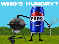 Sponsored gif. Can of Pepsi pulls the lid off a smoking grill. It holds a pair of kitchen tongs in its free hand. Text reads, “Who’s hungry?”