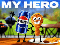 Sponsored gif. A fried chicken wing looks scared before leaping into the arms of a can of Pepsi. Rainbow hearts explode behind them. Text reads, “My hero.”