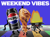 Sponsored gif. Can of Pepsi, a chicken wing, and a fired up grill dance on a flashing Disco dance floor. Text reads, “Weekend vibes.”