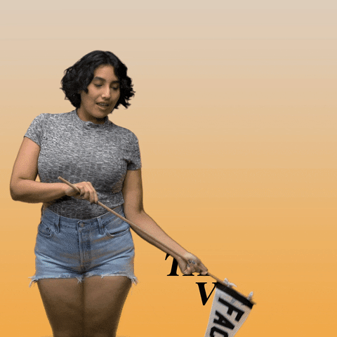 Digital art gif. Young woman raising a pennant flag that says "fact," to magically reveal a message on an orange background. Text, "States under Republican control have the highest murder rates. Democrats are the safe vote."