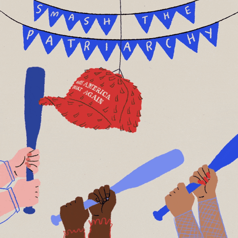 Digital art gif. Three sets of female hands grasping blue bats knock around a red MAGA hat-shaped pinata against a beige background. Above the pinata hangs blue bunting flags that read the message, “Smash the patriarchy.”