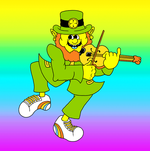 Digital illustration gif. Jolly green Leprechaun does a quick little jig while playing the violin, smiling wide with a blue tongue and white shoes with a rainbow stripe against a rainbow-colored gradient background. 