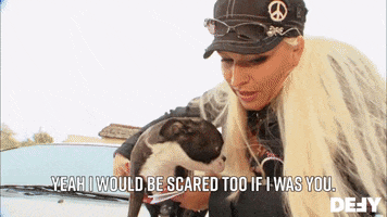 Reality TV gif. Lyssa Chapman-Galanti on Dog The Bounty Hunter picks up a dog from the hood of a car and puts it on the ground as she says, “yeah, I would be scared too if I was you.”