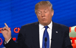 Political gif. Donald Trump with his eyes closed, shaking his finger and his head and saying "no."